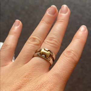 HERMES 18K Yellow Gold Silver Olympe H Logo Ring